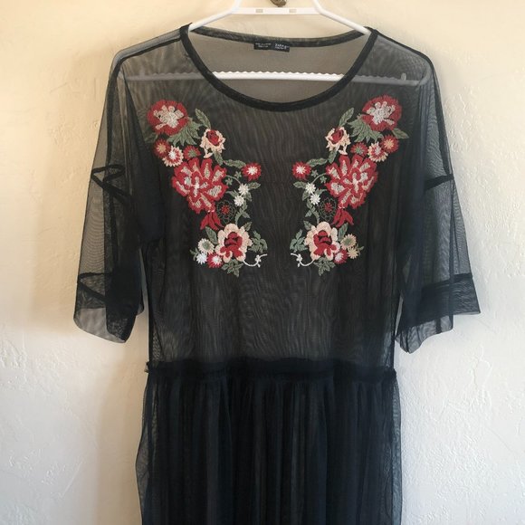 Sheer Long Zara Mesh Black Embroidered Floral Midi Dress, new - Picture 6 of 10